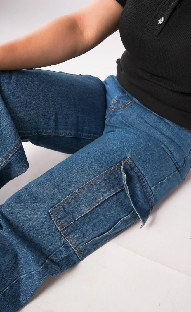 D600 - Medium Blue High Waist Wide Leg Cargo Jeans