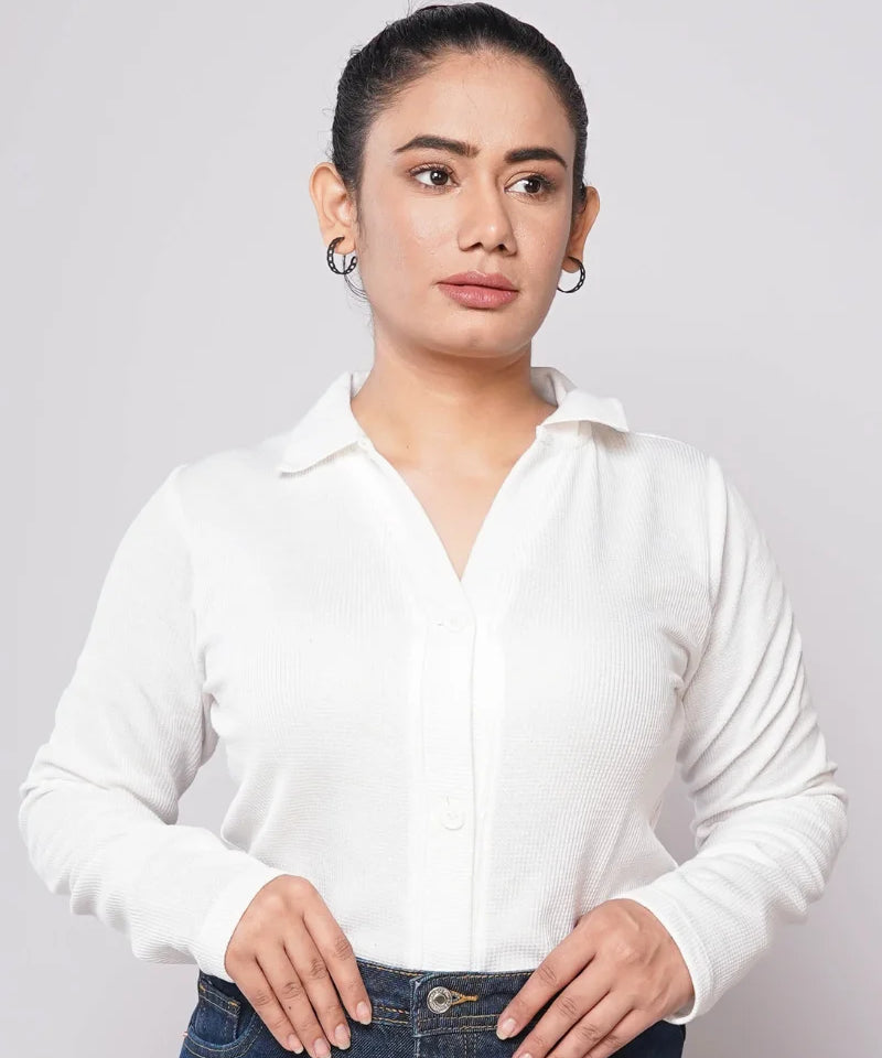 Button Up Ribbed Knit Shirt - White (Full Sleeves)