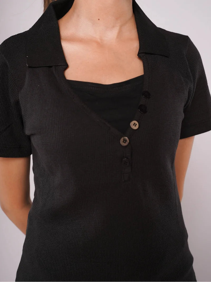 Low-Cut Button Ribbed Knit Polo - Black (Short Sleeves)