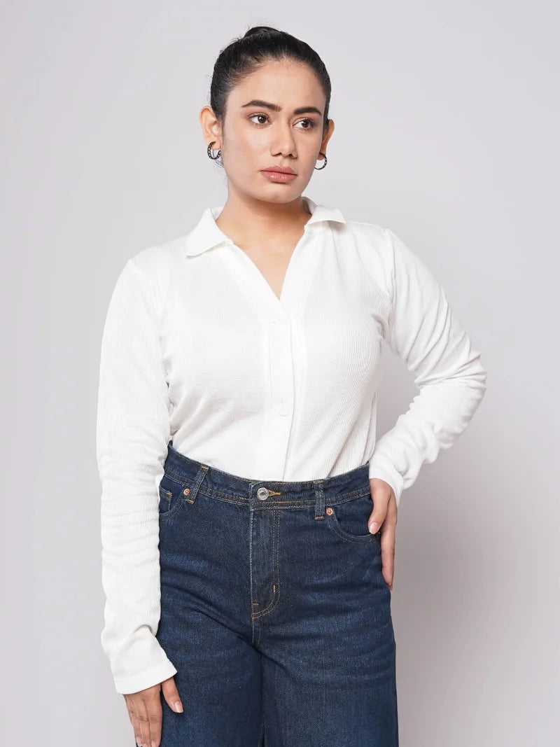 Button Up Ribbed Knit Shirt - White (Full Sleeves)