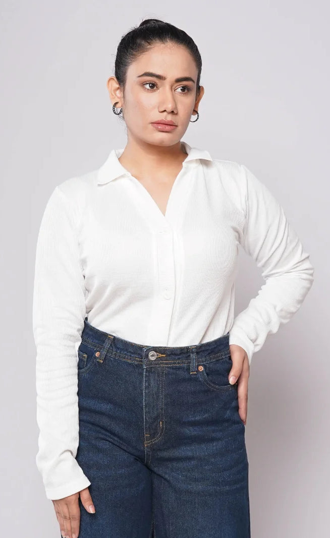 Button Up Ribbed Knit Shirt - White (Full Sleeves)