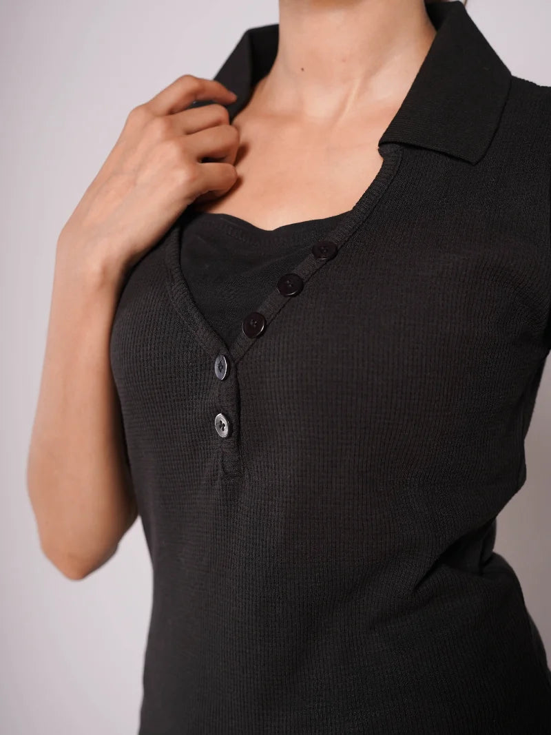 Low-Cut Button Ribbed Knit Polo - Black (Short Sleeves)