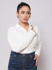 Button Up Ribbed Knit Shirt - White (Full Sleeves)