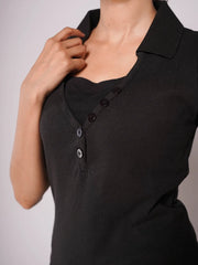 Low-Cut Button Ribbed Knit Polo - Black (Short Sleeves)