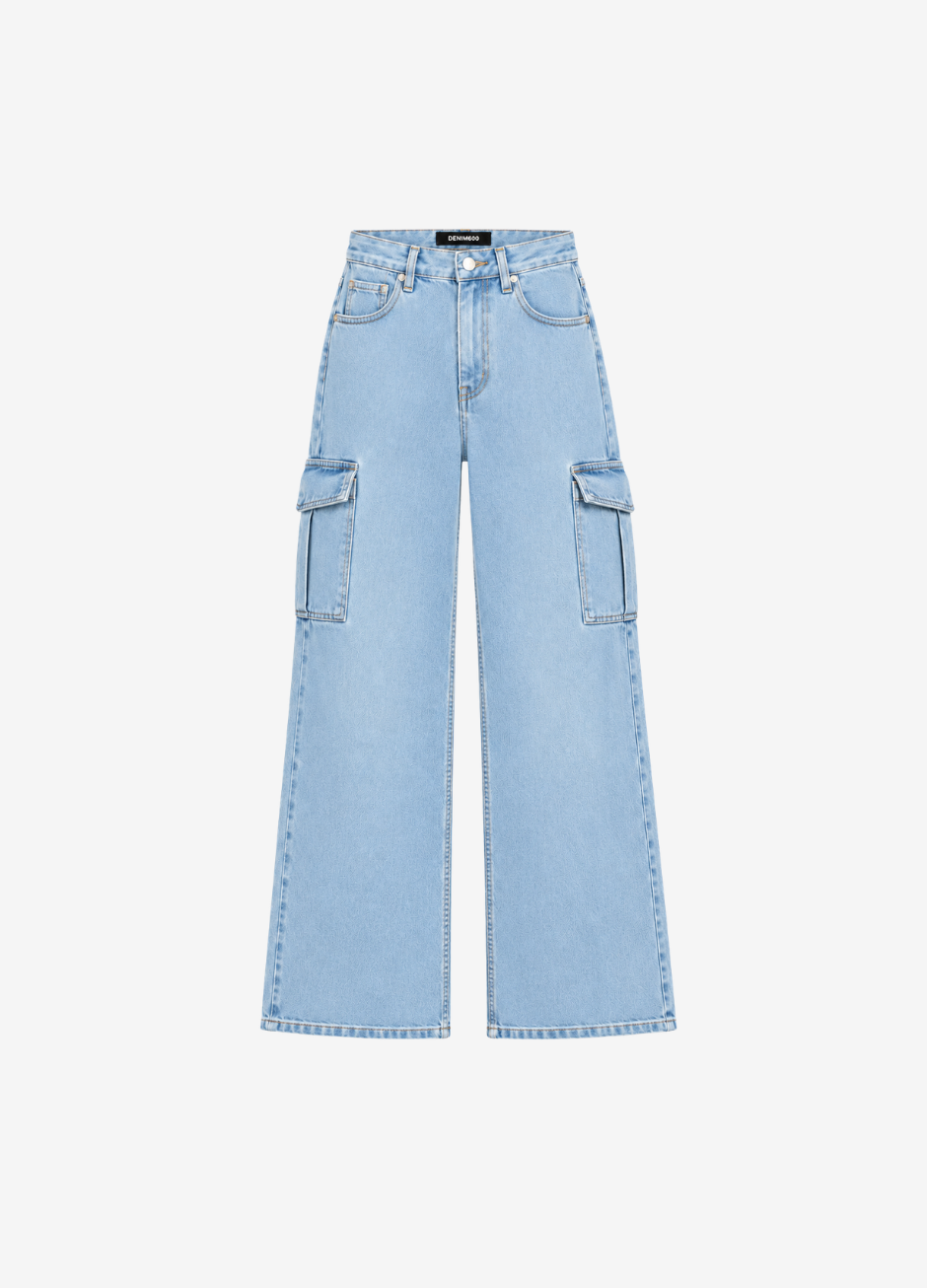 Ice Blue Cargo High-Waist Wide-Leg Jeans