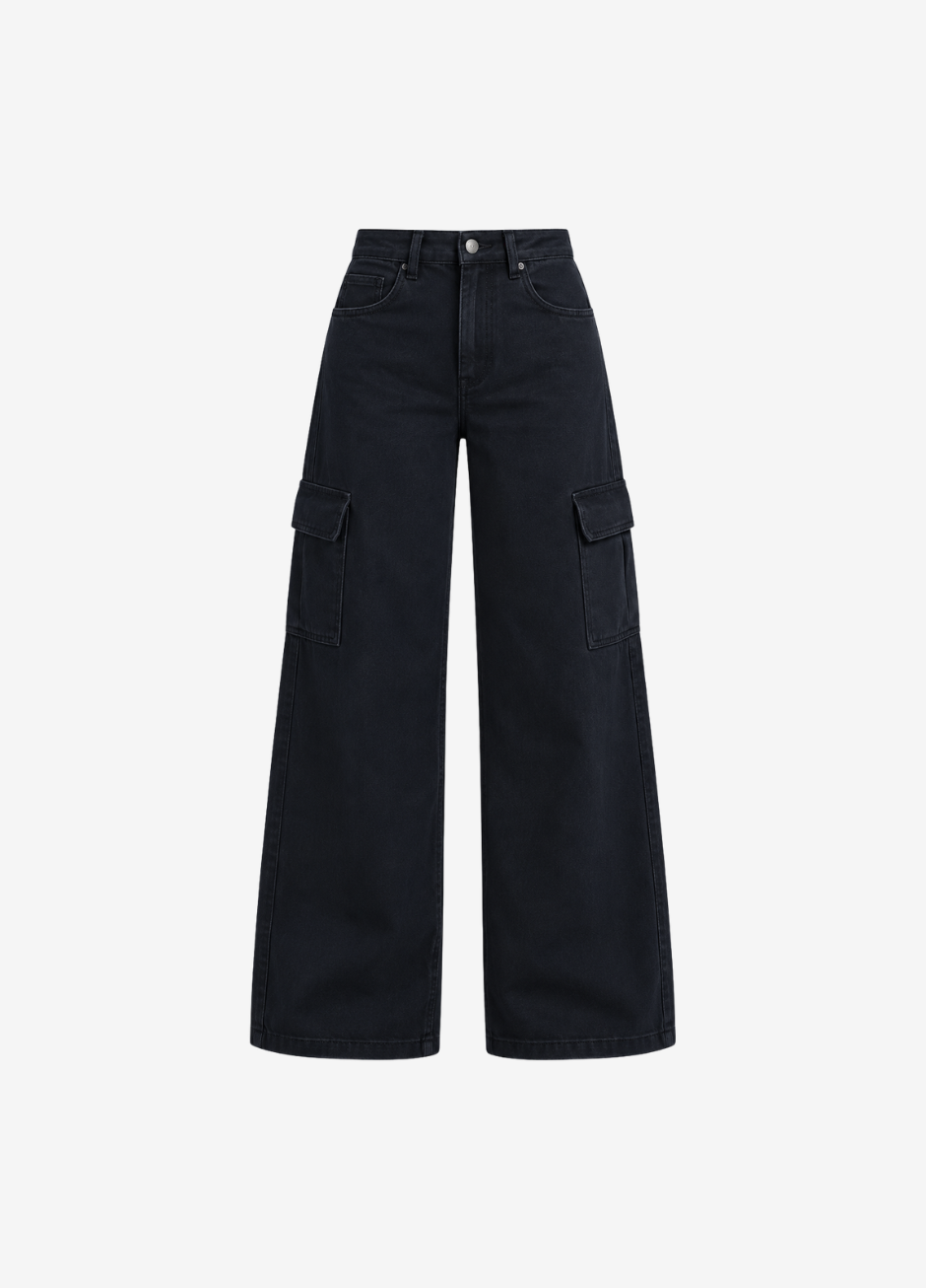 High Waisted Wide Leg Jeans Cargo Pockets in Jet Black