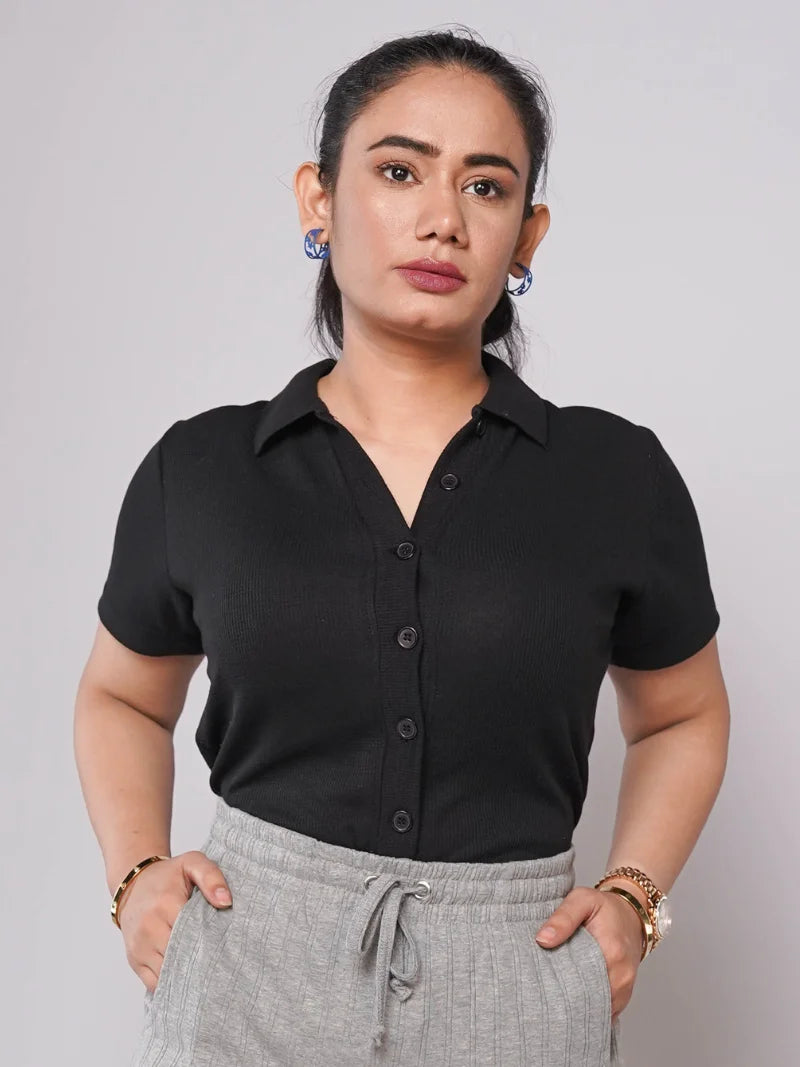 Button Up Ribbed Knit Shirt - Black (Short Sleeves)