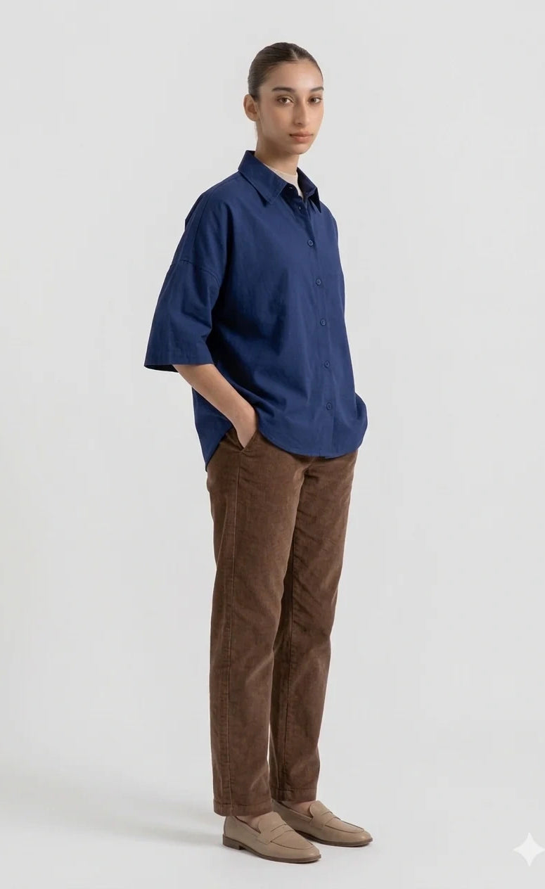 Oversized Button Down Shirt - Navy Blue