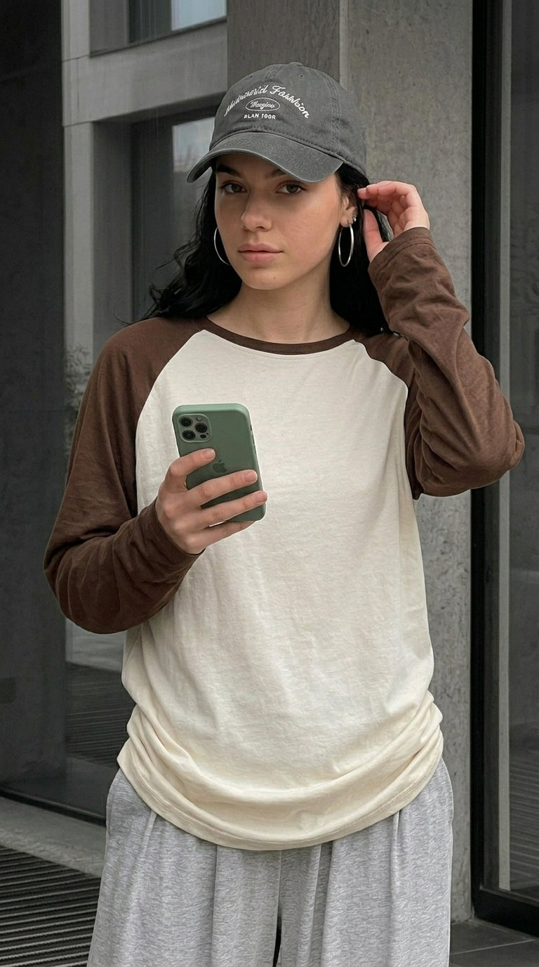 Contrast Raglan Sleeve Top | Beige/Brown