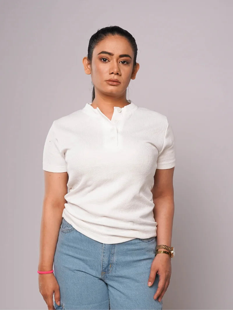 Band Collar Button Ribbed Knit TEE - White (Short Sleeves)