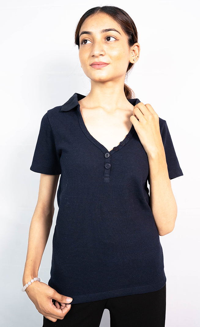 Low-Cut Button Ribbed Knit Polo - Navy Blue (Short Sleeves)