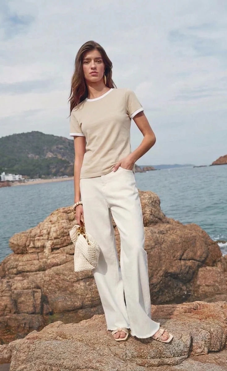 Contrast Trim T-Shirt - Beige