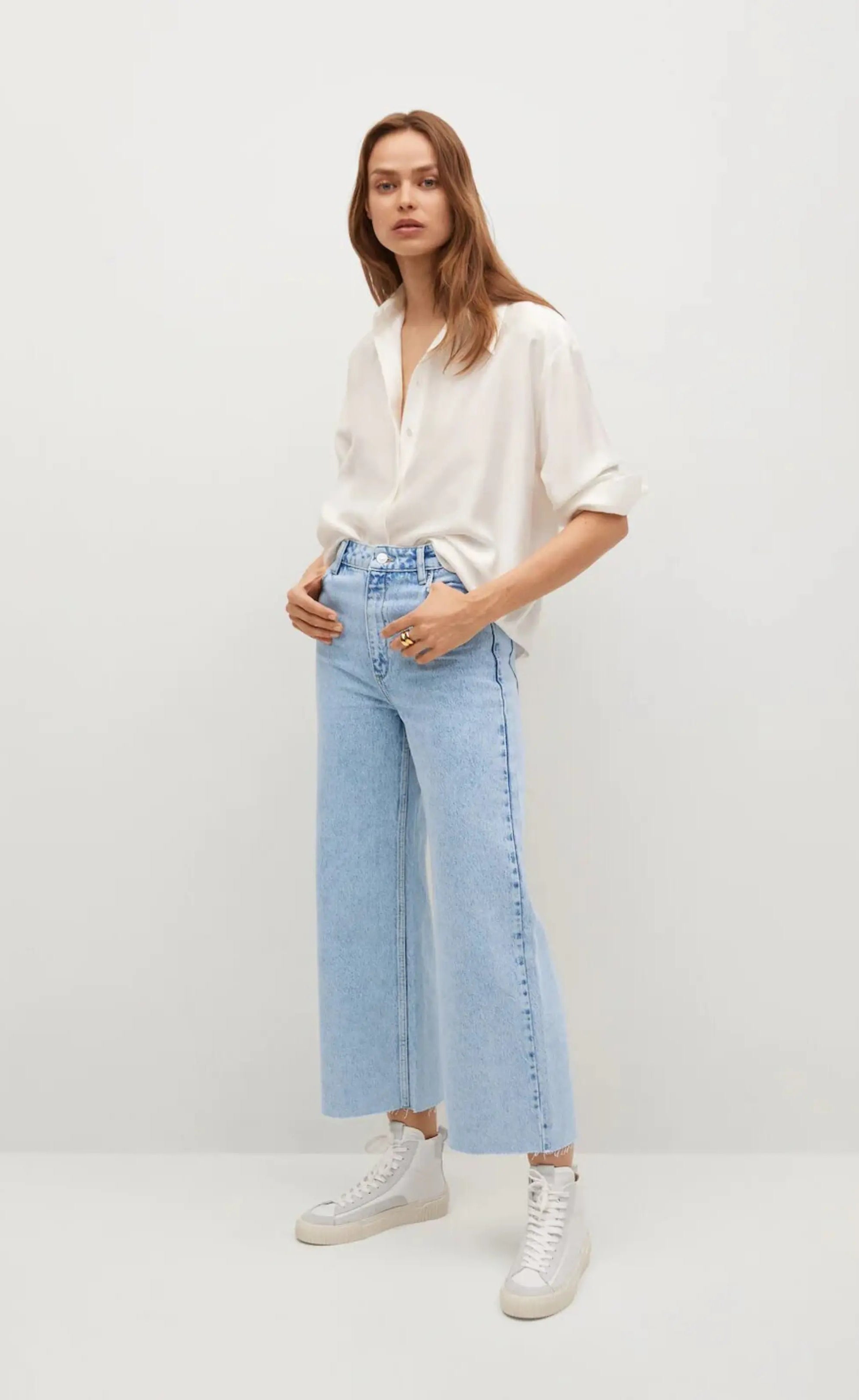 MNG High Rise Frayed Hem Wide Leg Jeans