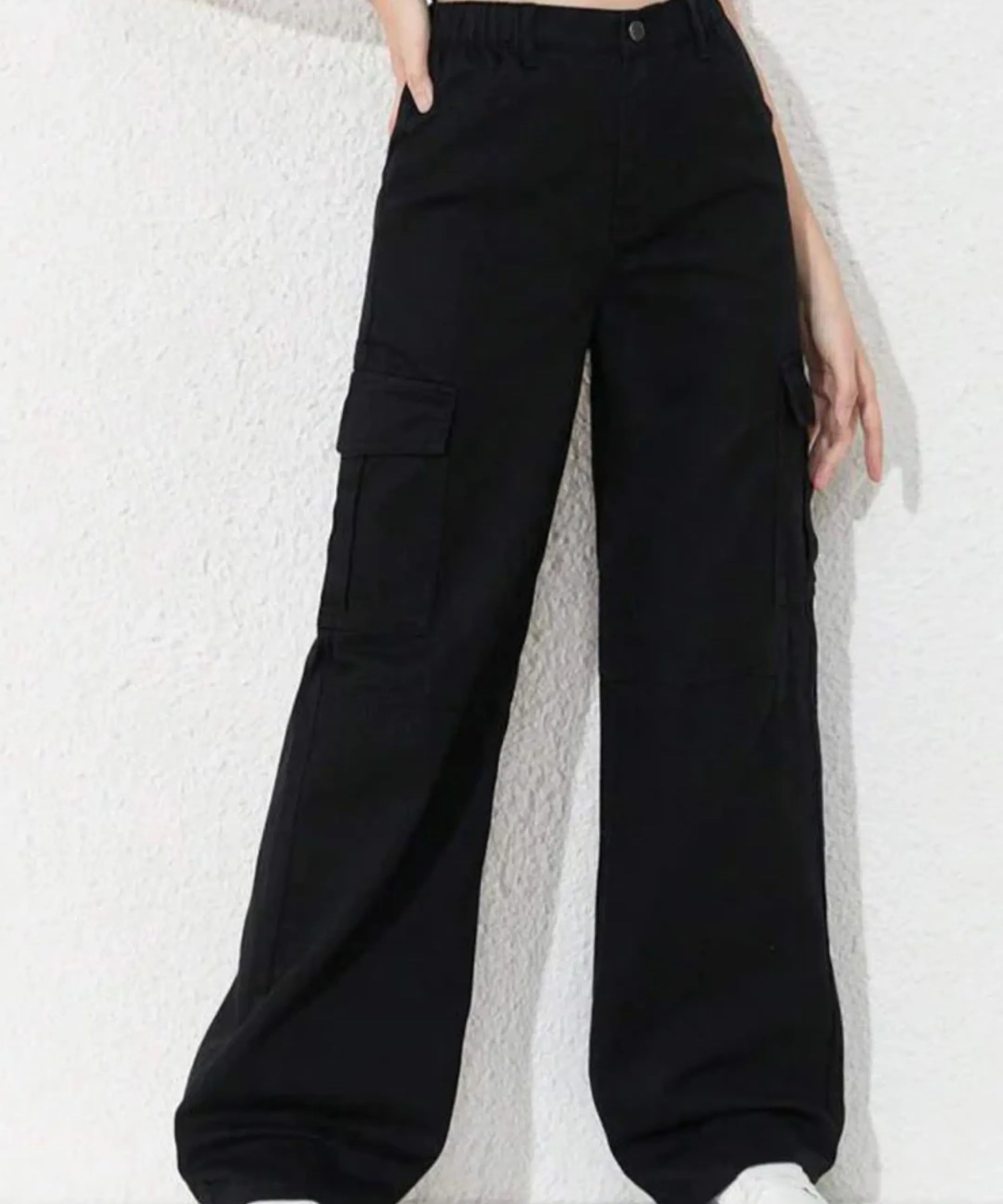 High Waisted Wide Leg Jeans Cargo Pockets in Jet Black