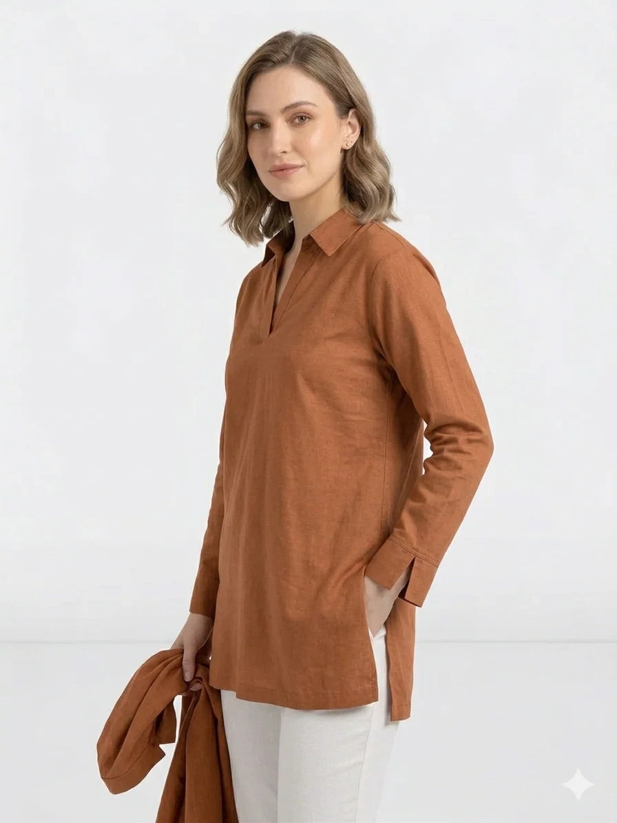 Oversized V-Neck Collar Shirt - Mustard