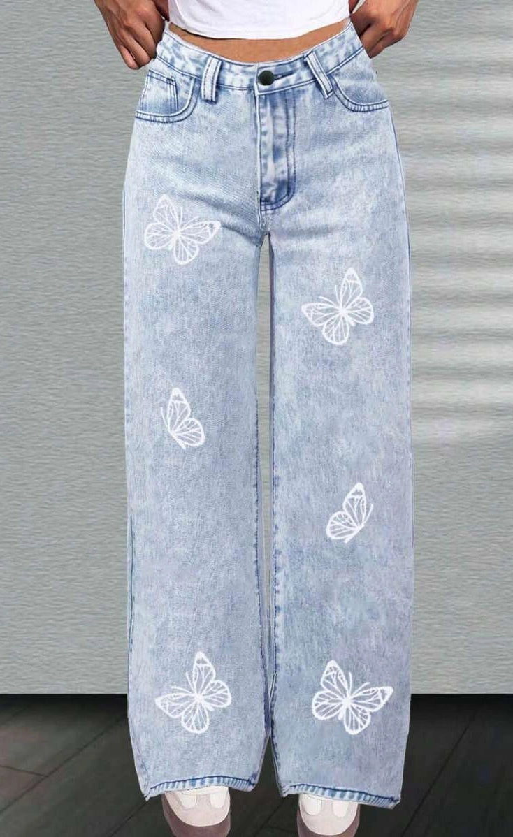 ZARA Paper bag Wide-Leg Frayed Hem Jeans - Butterfly Print - Light Blue