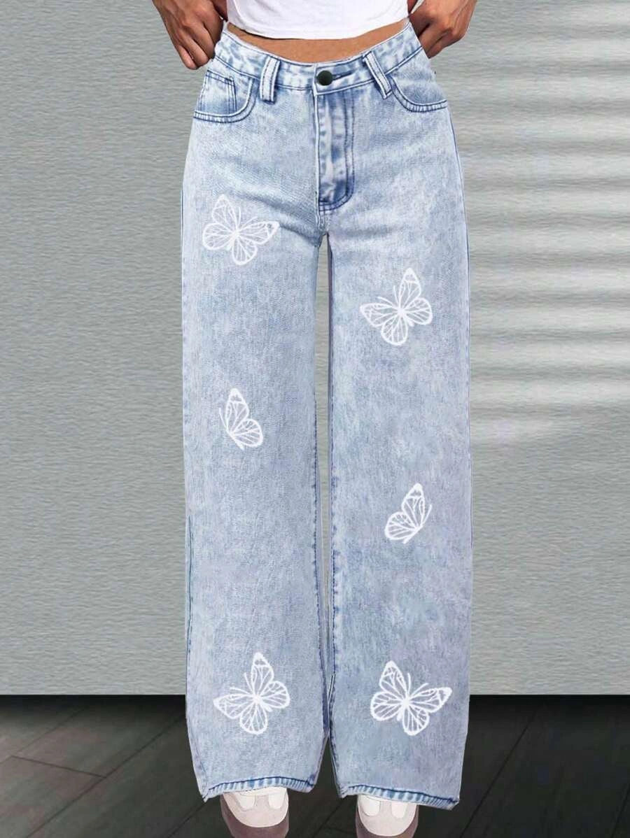 ZARA Paper bag Wide-Leg Frayed Hem Jeans - Butterfly Print - Light Blue