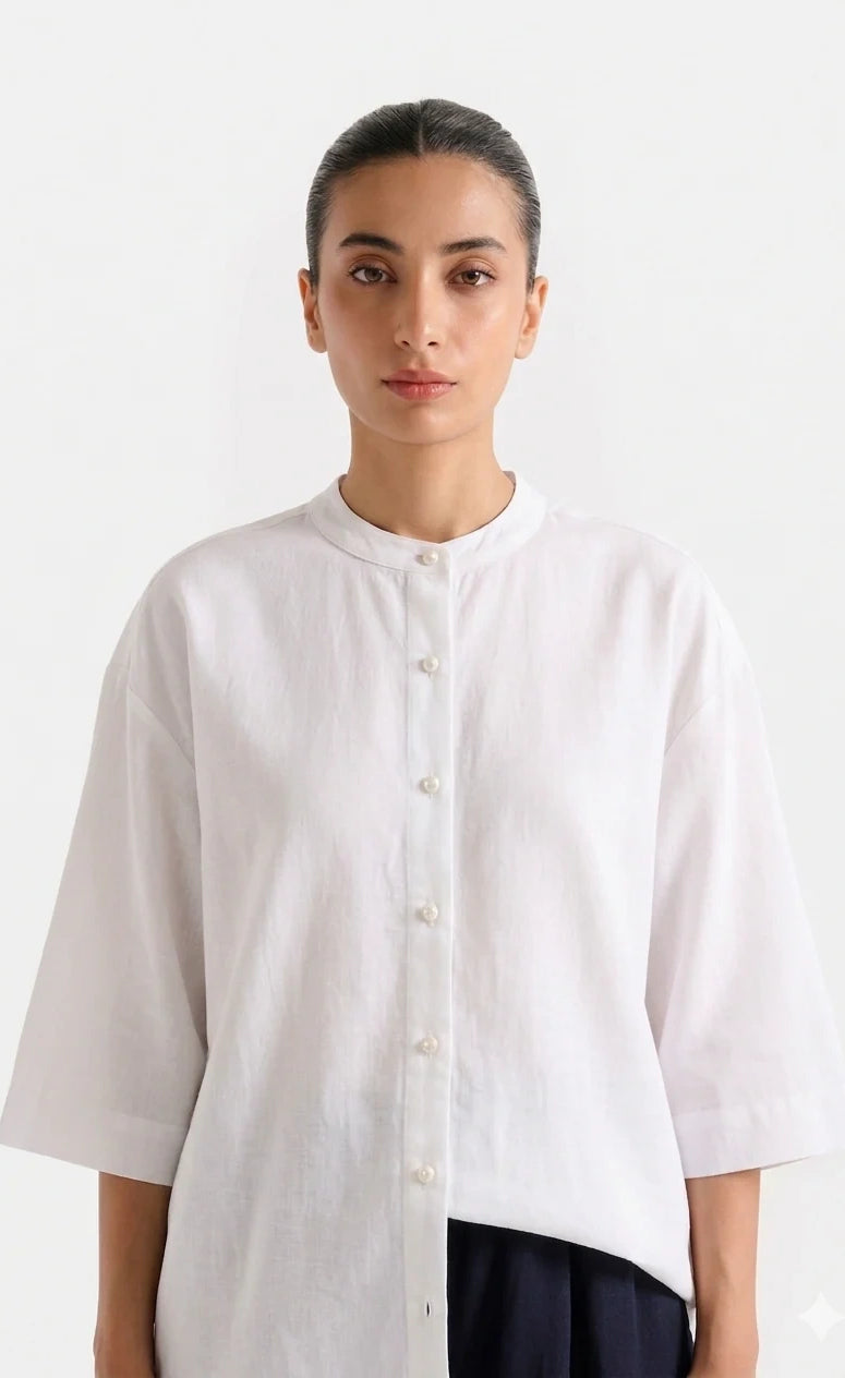Band Collar Relaxed Fit Shirt - Off White