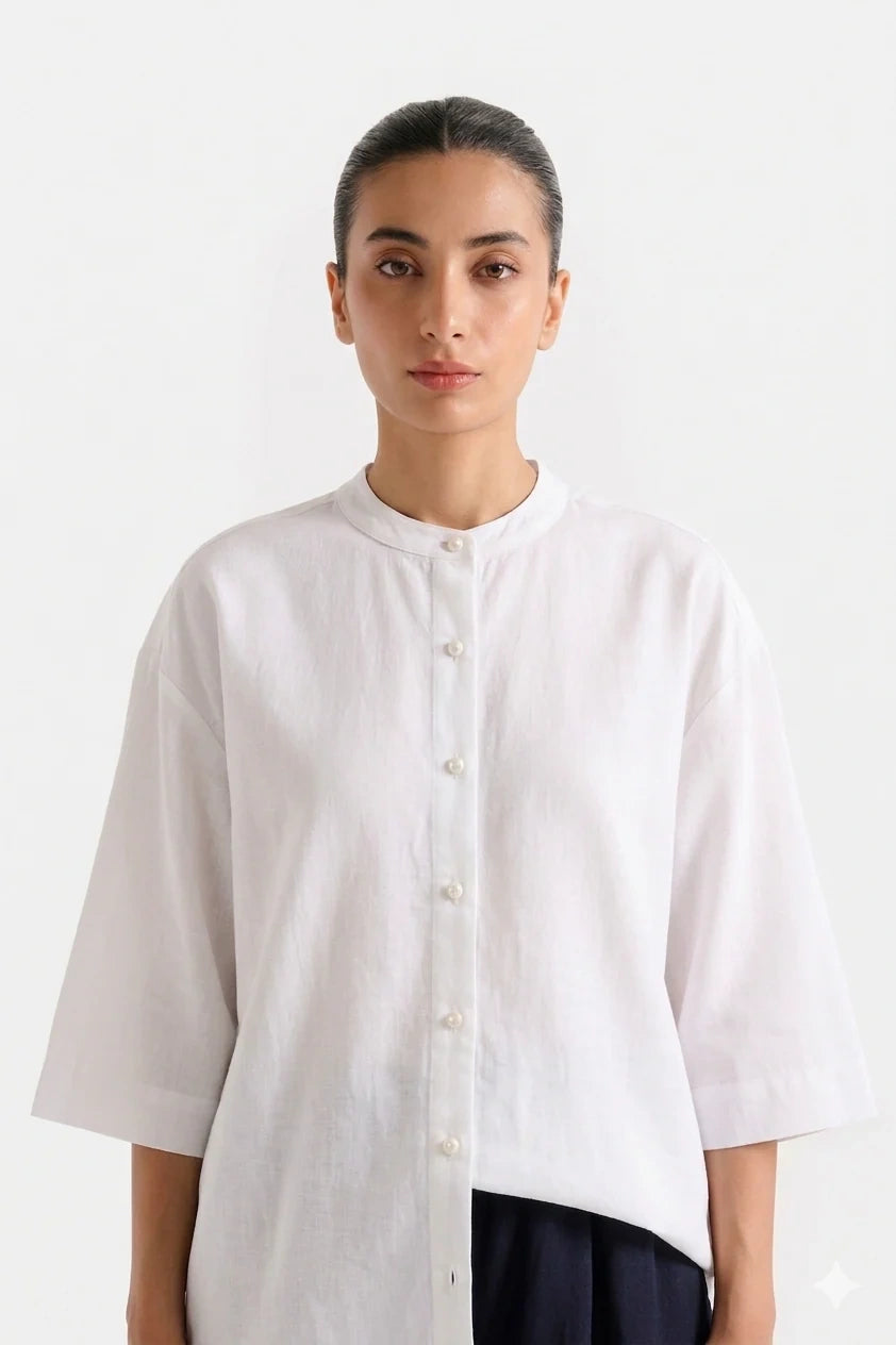 Band Collar Relaxed Fit Shirt - Off White