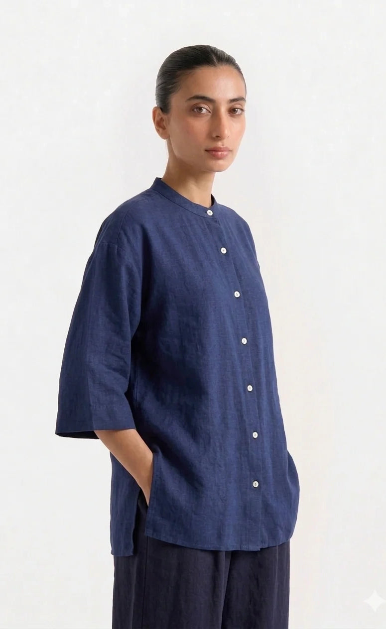 Band Collar Relaxed Fit Shirt - Navy Blue