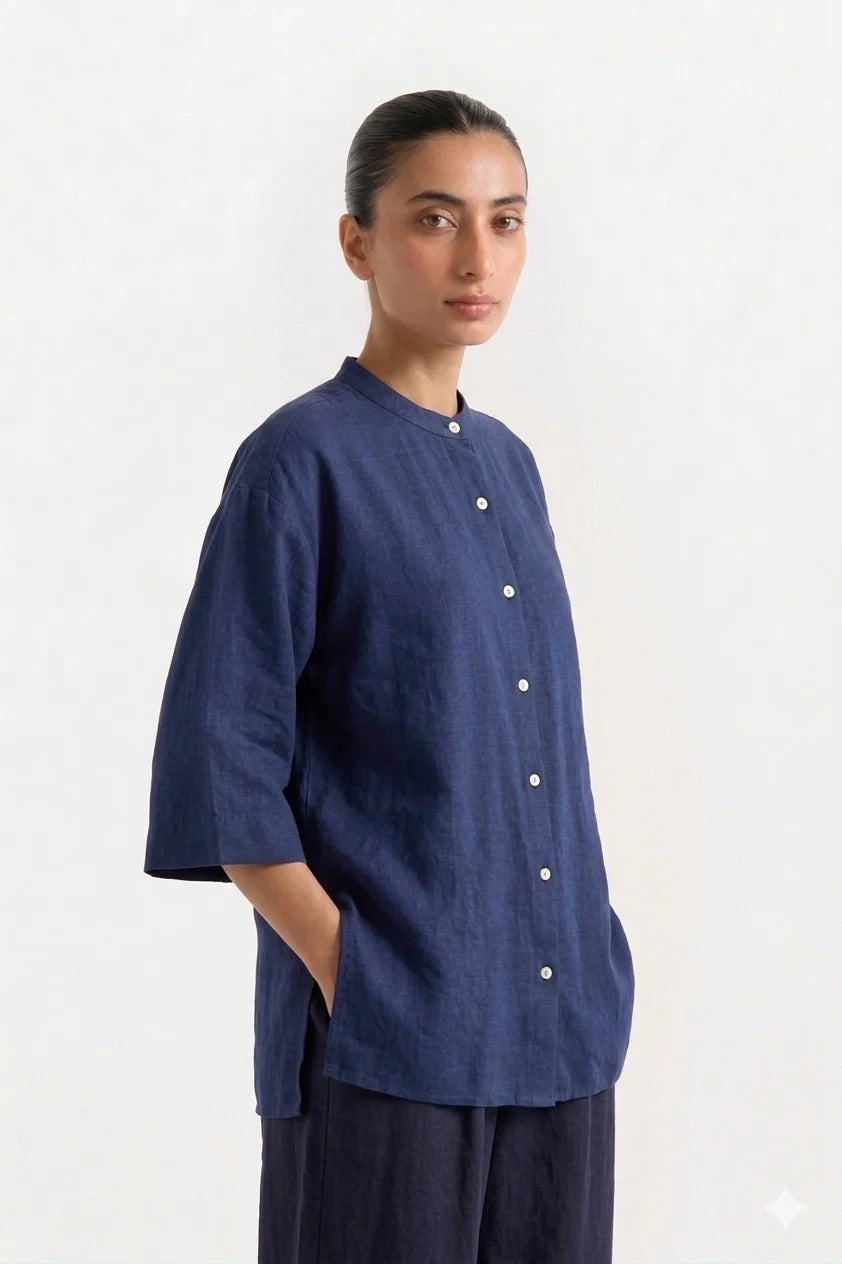 Band Collar Relaxed Fit Shirt - Navy Blue