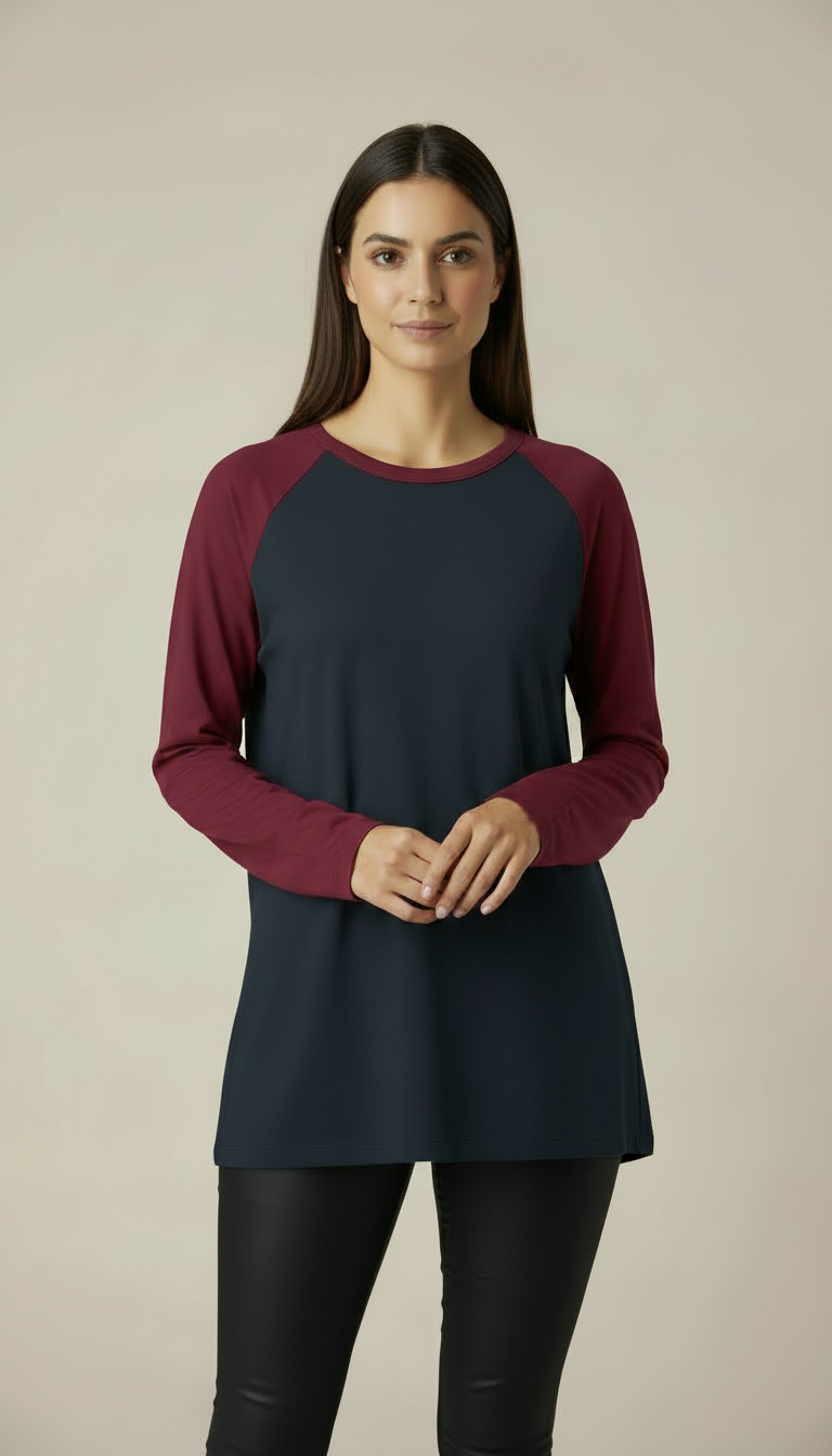 Contrast Raglan Sleeve Top | Black/Maroon