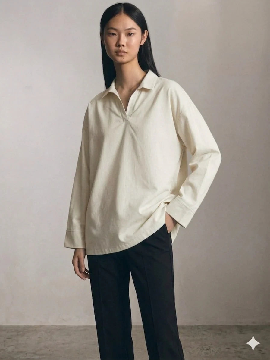 Oversized V-Neck Collar Shirt - Off White