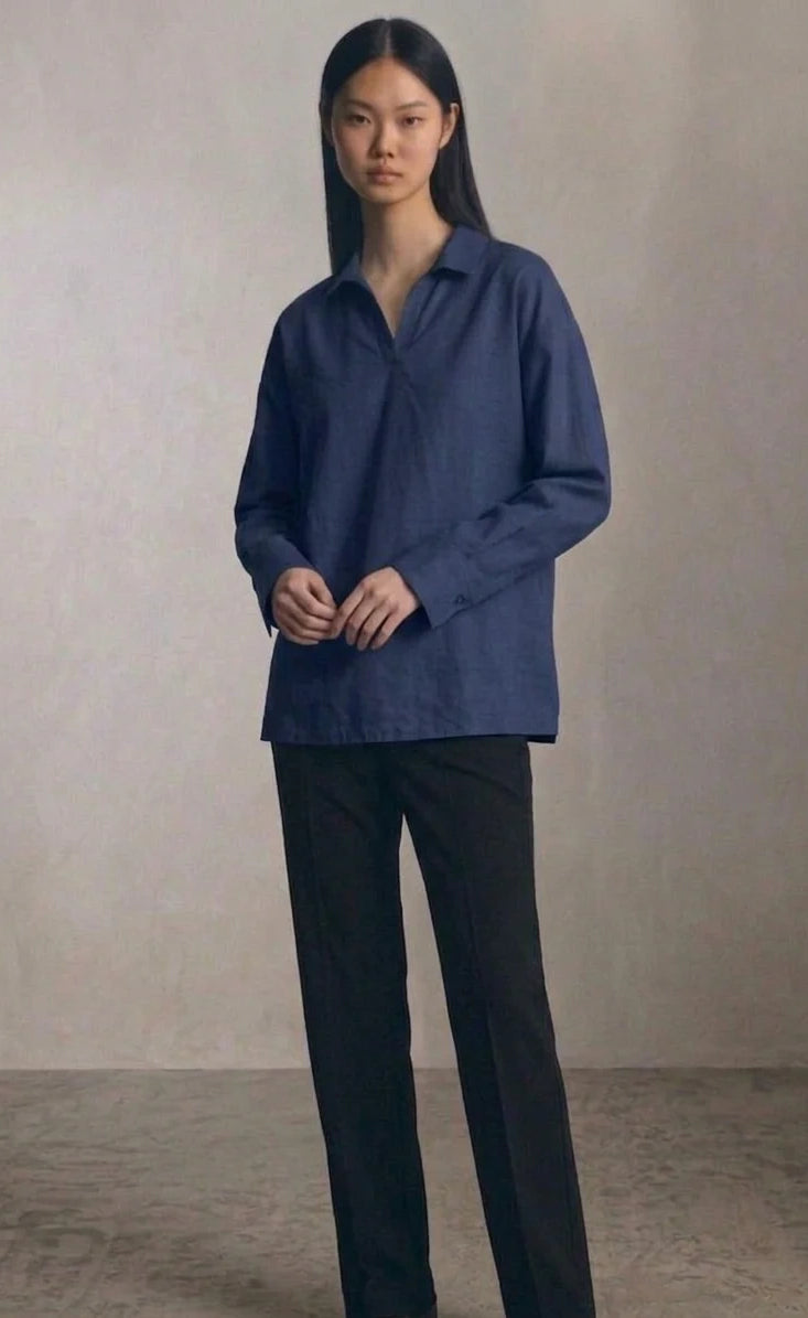 Oversized V-Neck Collar Shirt - Navy Blue