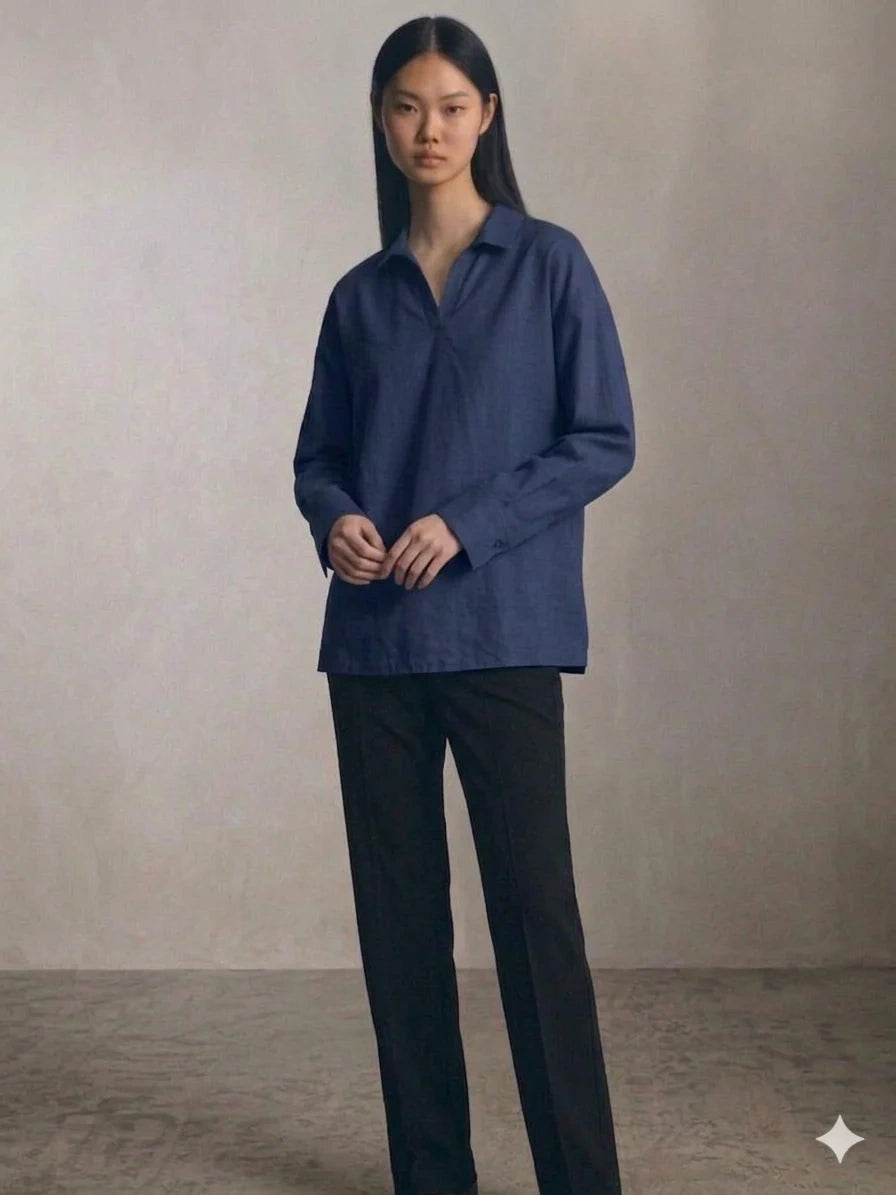 Oversized V-Neck Collar Shirt - Navy Blue