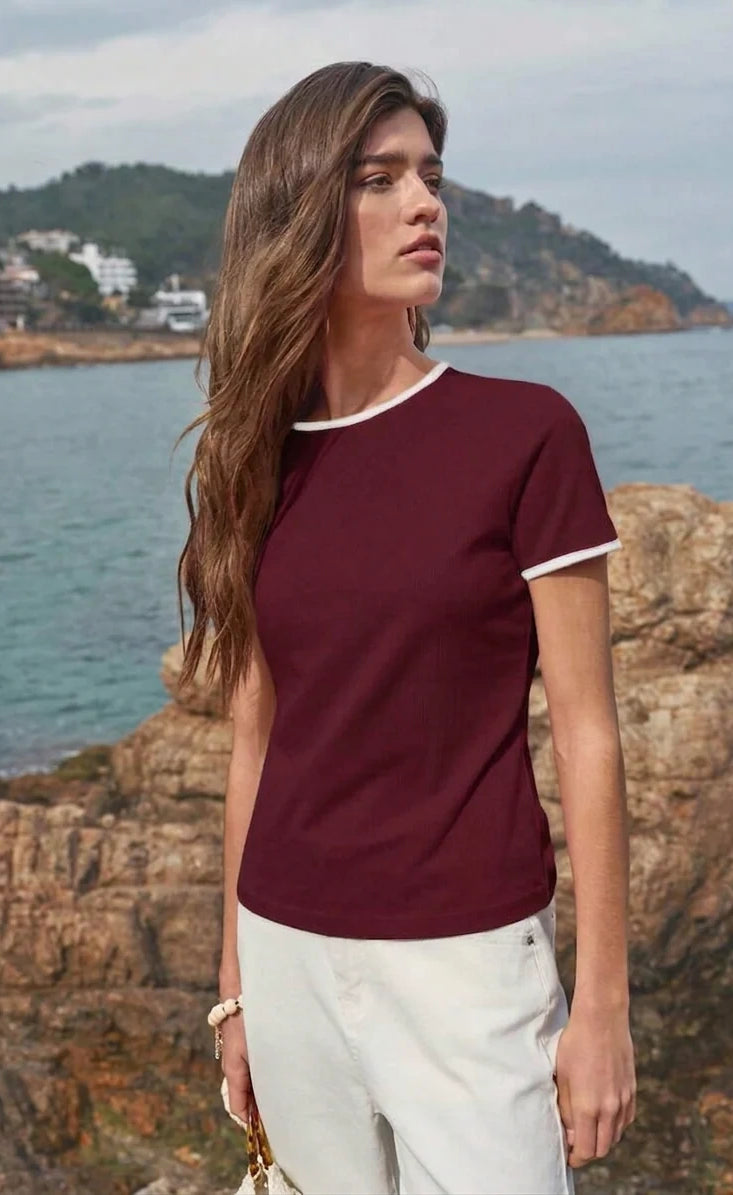 Contrast Trim T-Shirt - Maroon