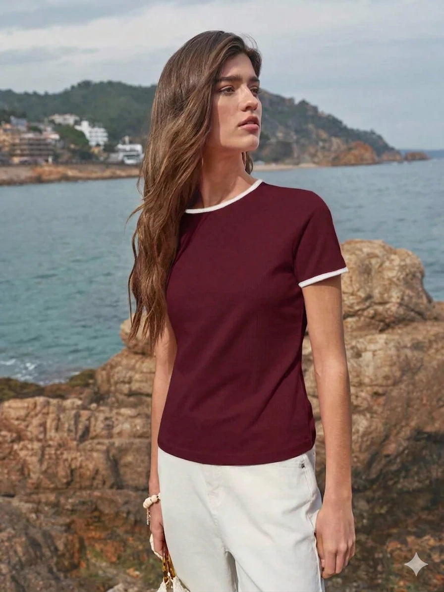 Contrast Trim T-Shirt - Maroon
