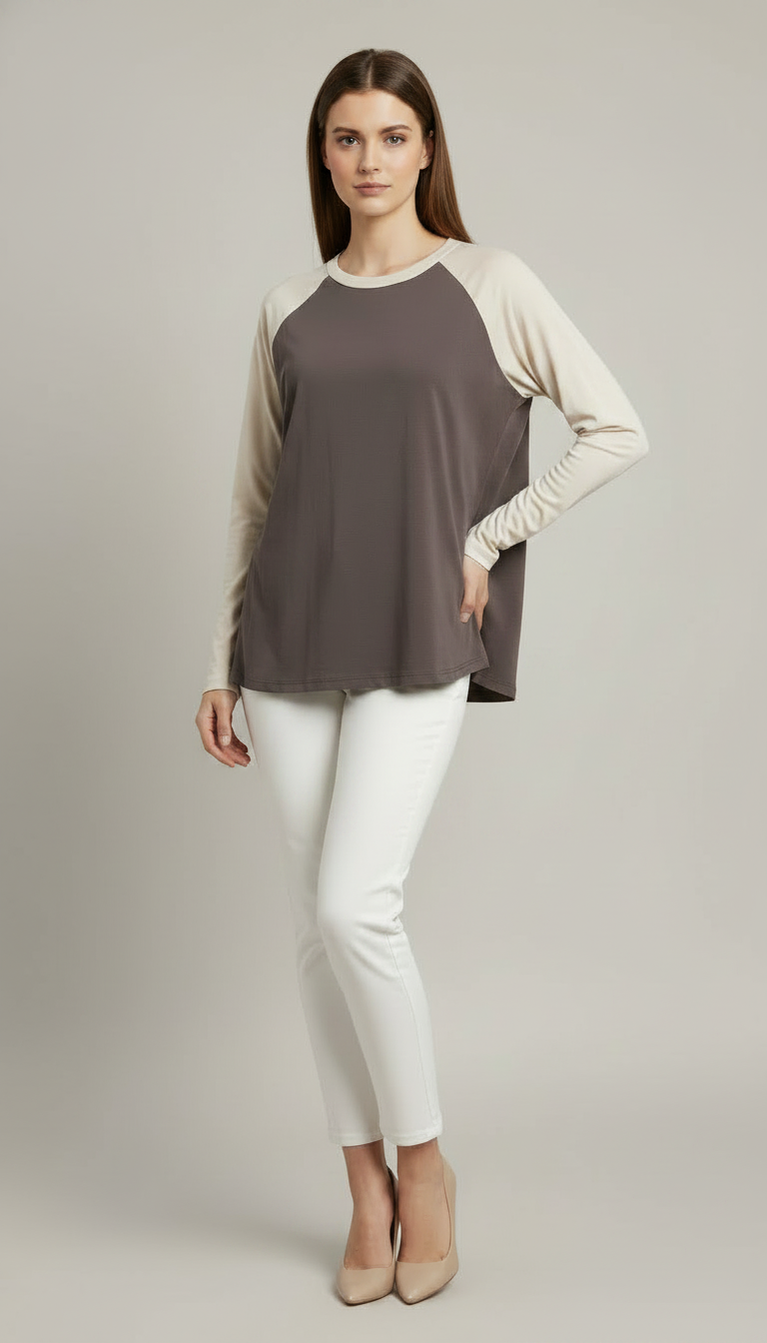 Contrast Raglan Sleeve Top | Brown/Beige