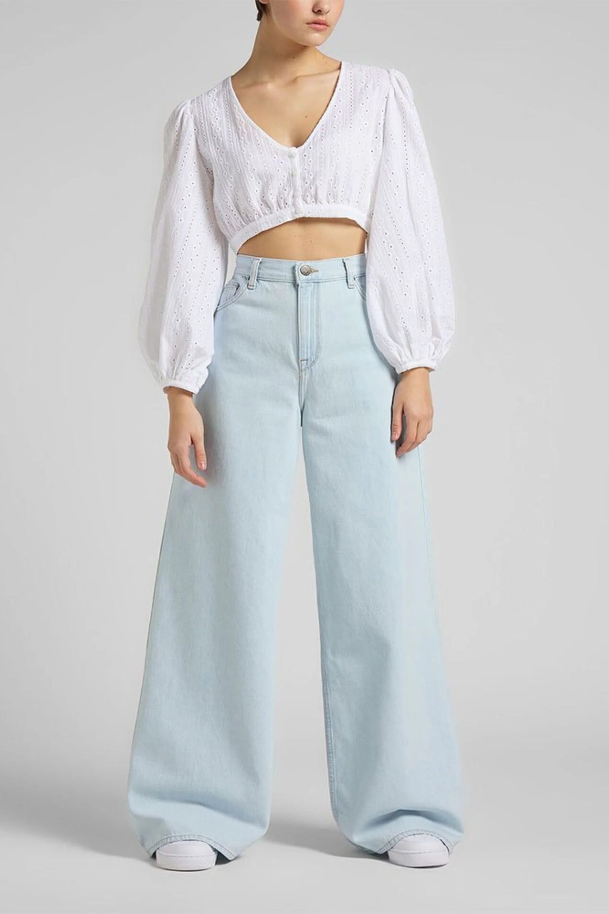 Ice Blue High-Waisted Wide-Leg Jeans