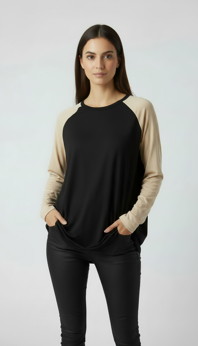 Contrast Raglan Sleeve Top | Black/Beige