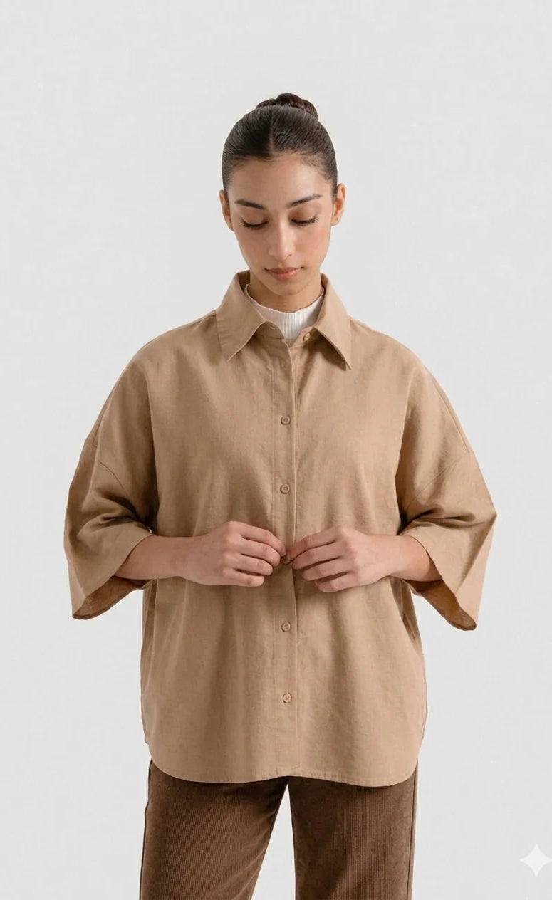 Oversized Button Down Shirt - Beige