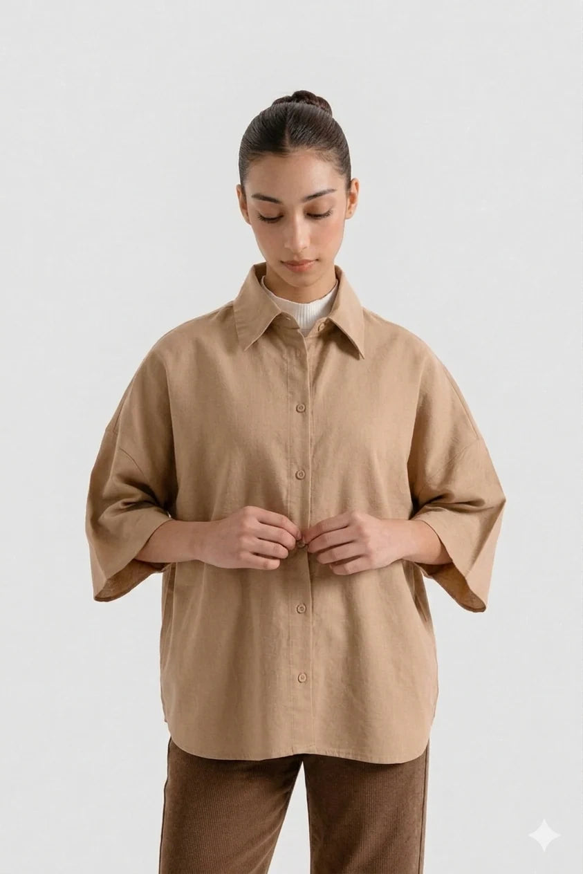 Oversized Button Down Shirt - Beige