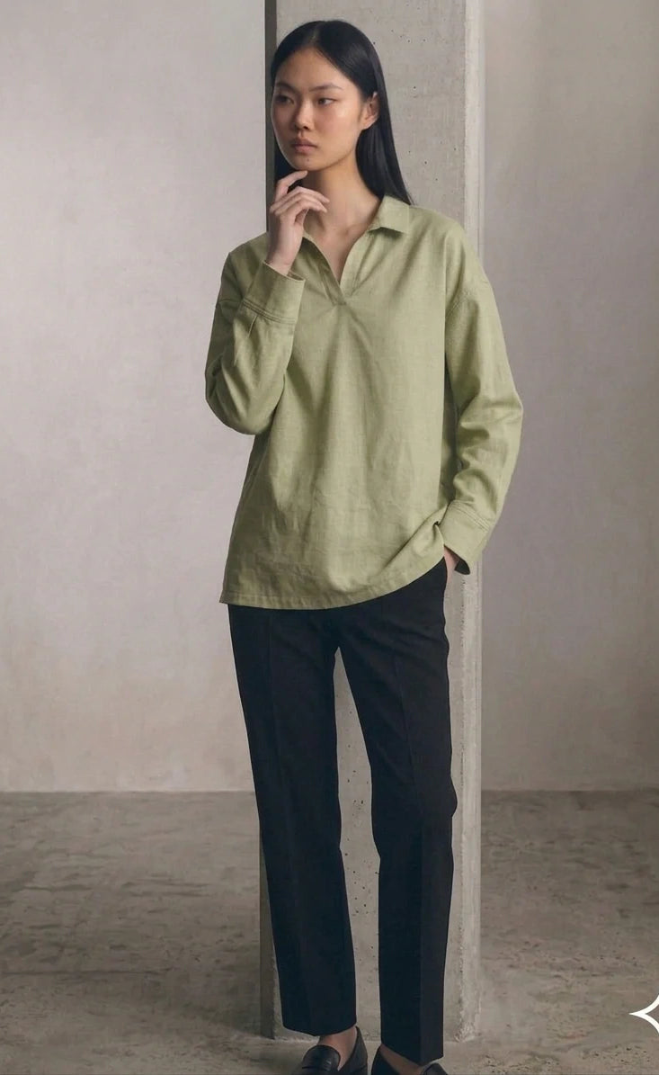Oversized V-Neck Collar Shirt - Olive Green