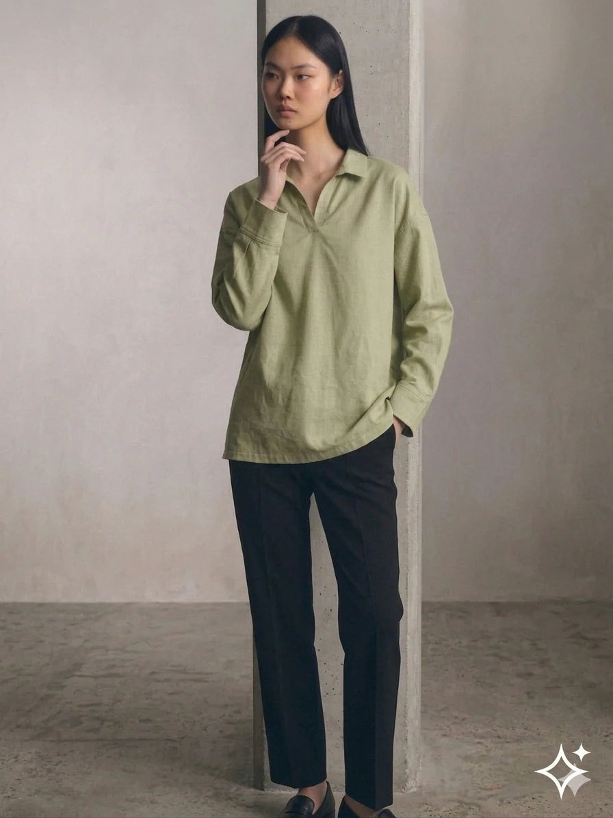 Oversized V-Neck Collar Shirt - Olive Green