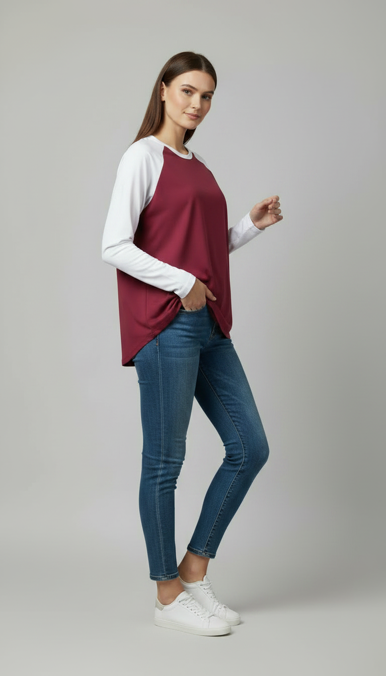 Contrast Raglan Sleeve Top | Maroon/White