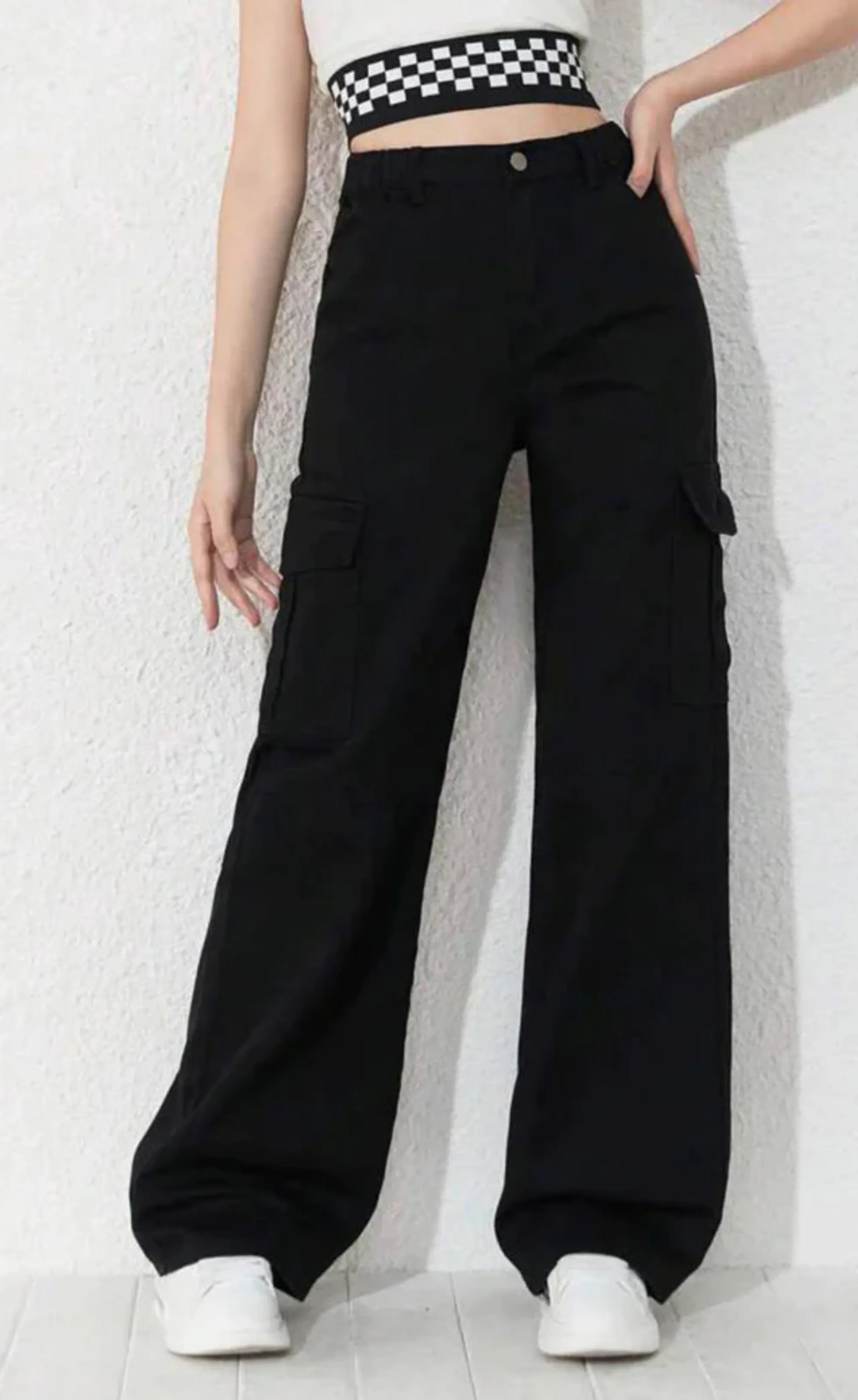 High Waisted Wide Leg Jeans Cargo Pockets in Jet Black  (MINOR FAULT)