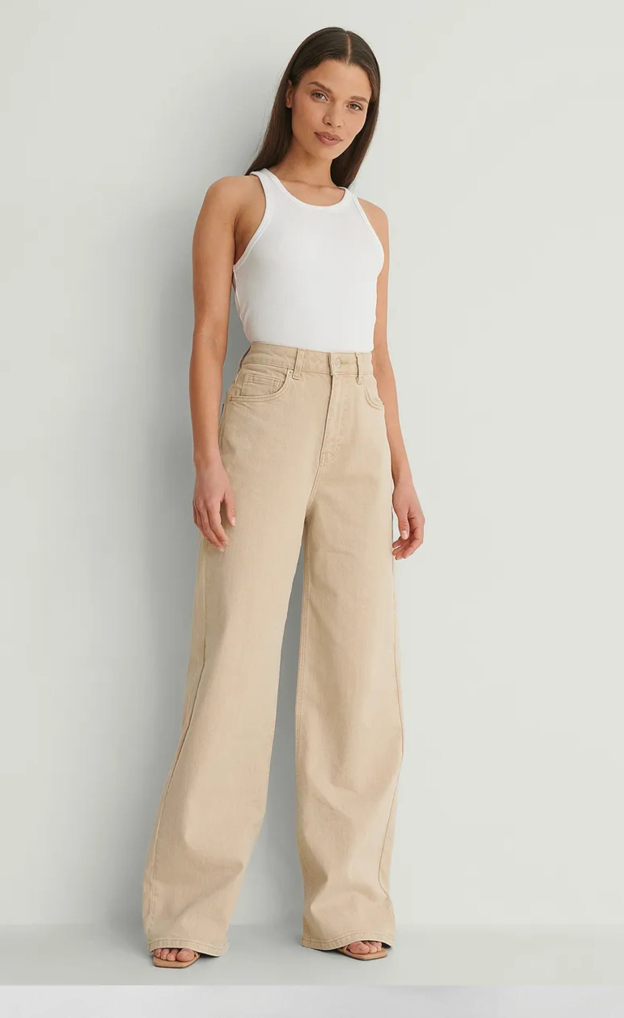 Beige Wide Leg Mid Waist Jeans