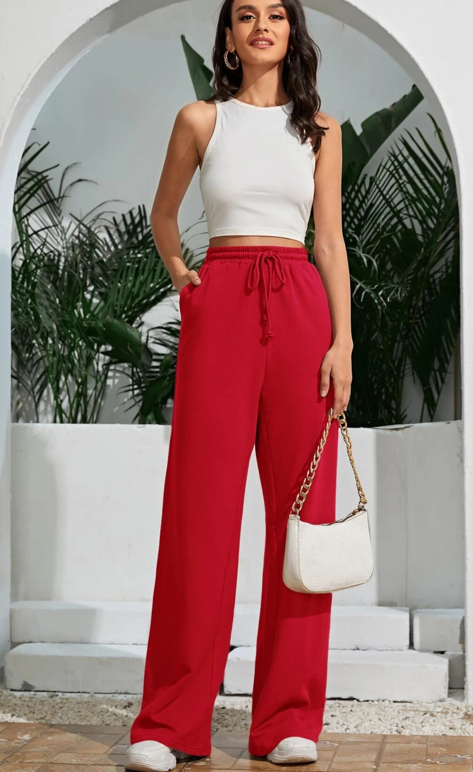 Red Wide Leg High-Waist Trousers