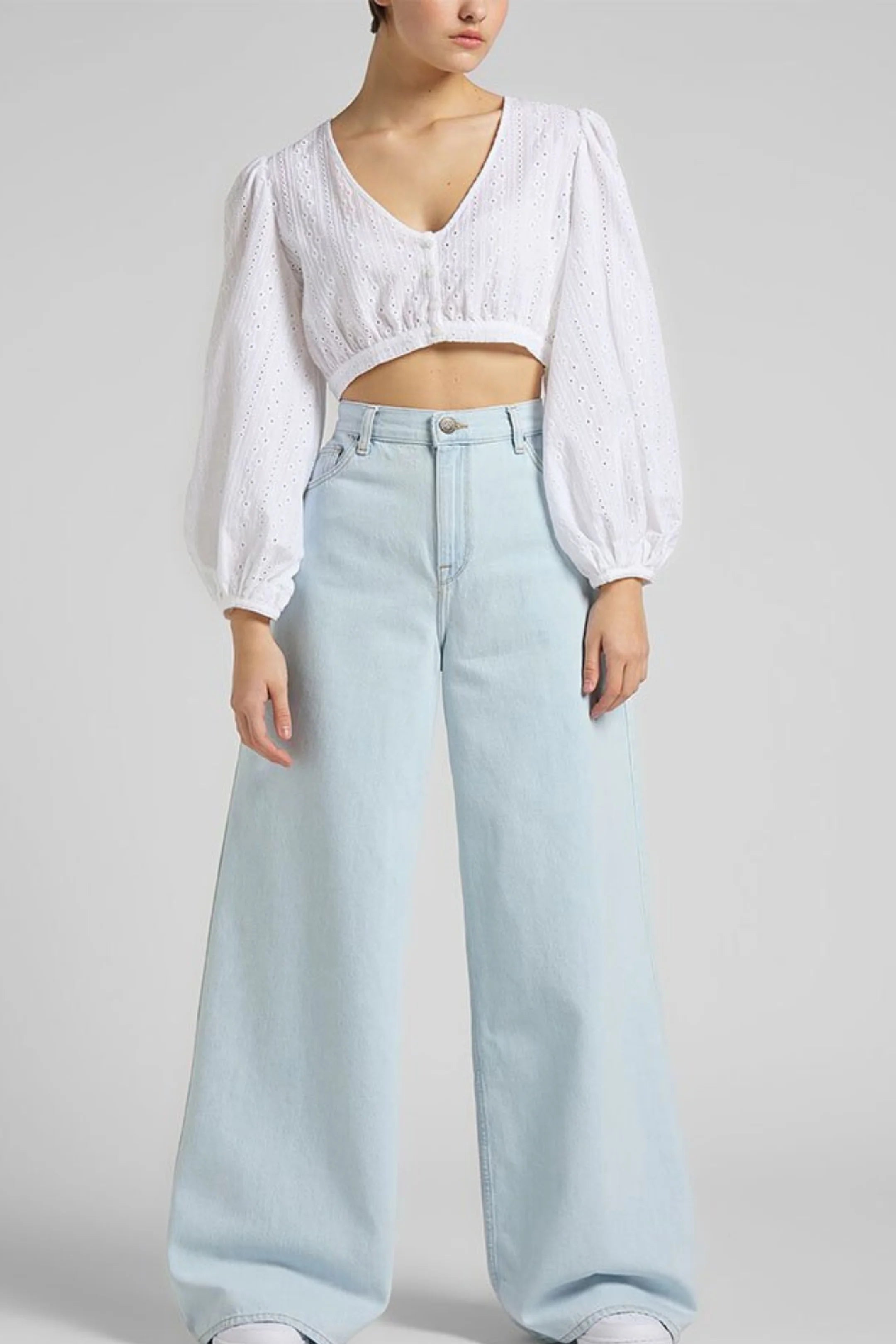 Ice Blue High-Waisted Wide-Leg Jeans