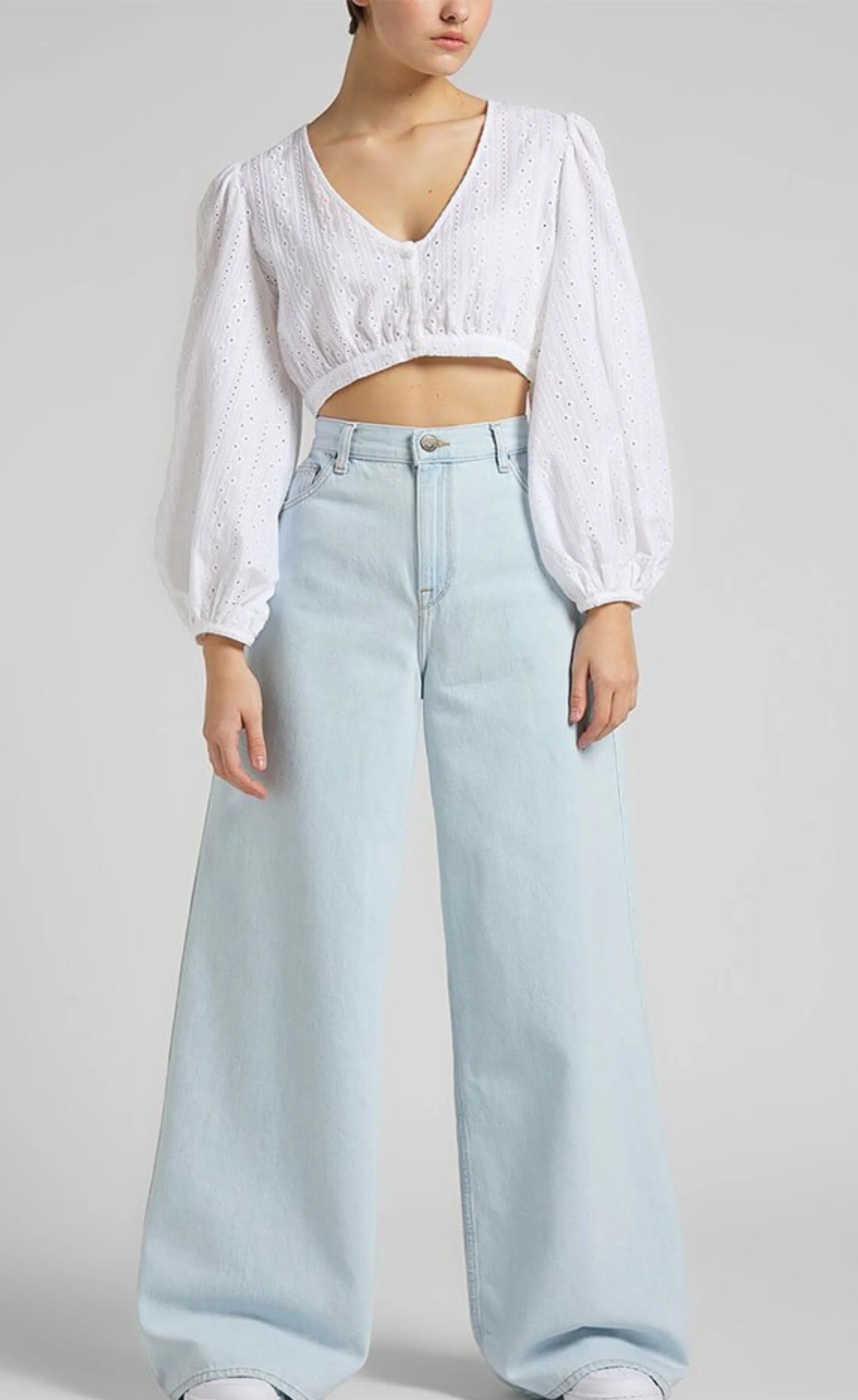 Ice Blue High-Waisted Wide-Leg Jeans