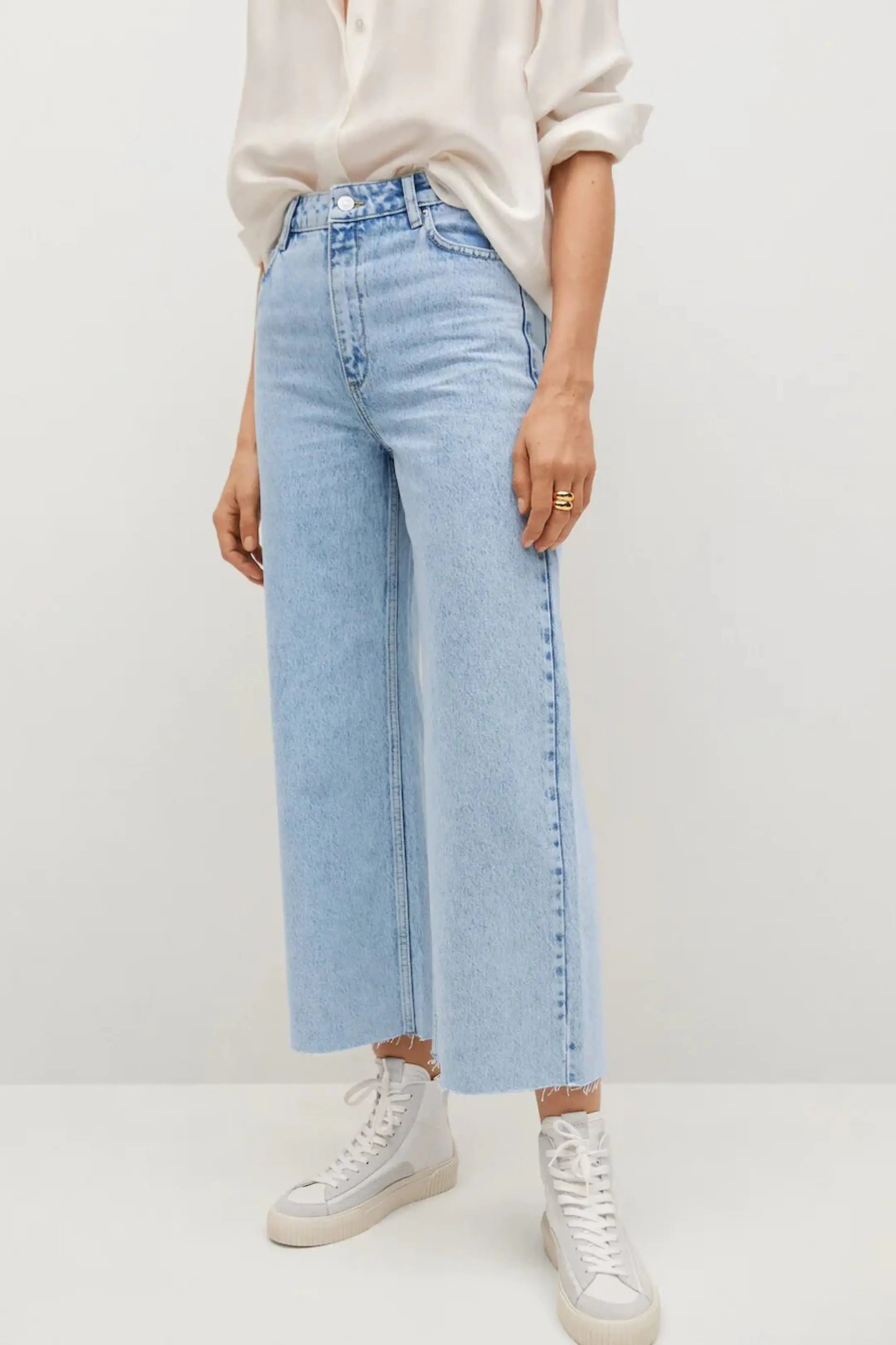 MNG High Rise Frayed Hem Wide Leg Jeans