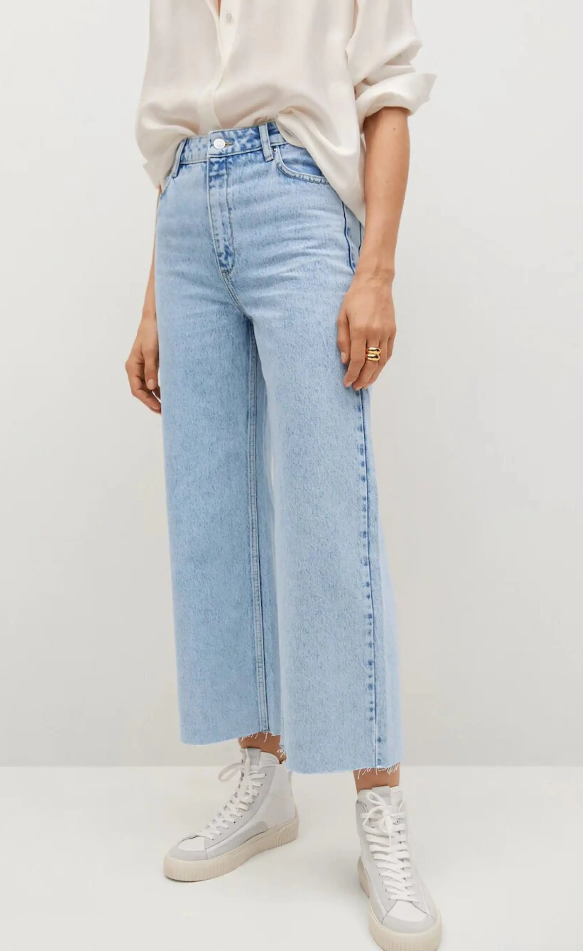 MNG High Rise Frayed Hem Wide Leg Jeans