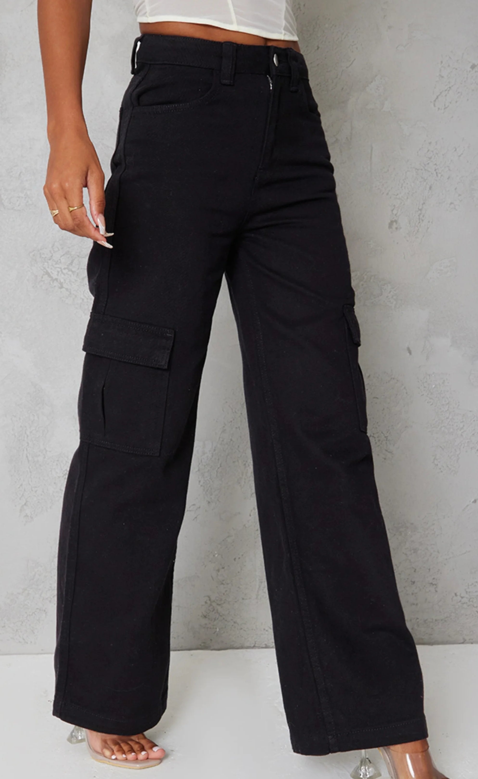 PURE BLACK WIDE LEG CARGO JEANS