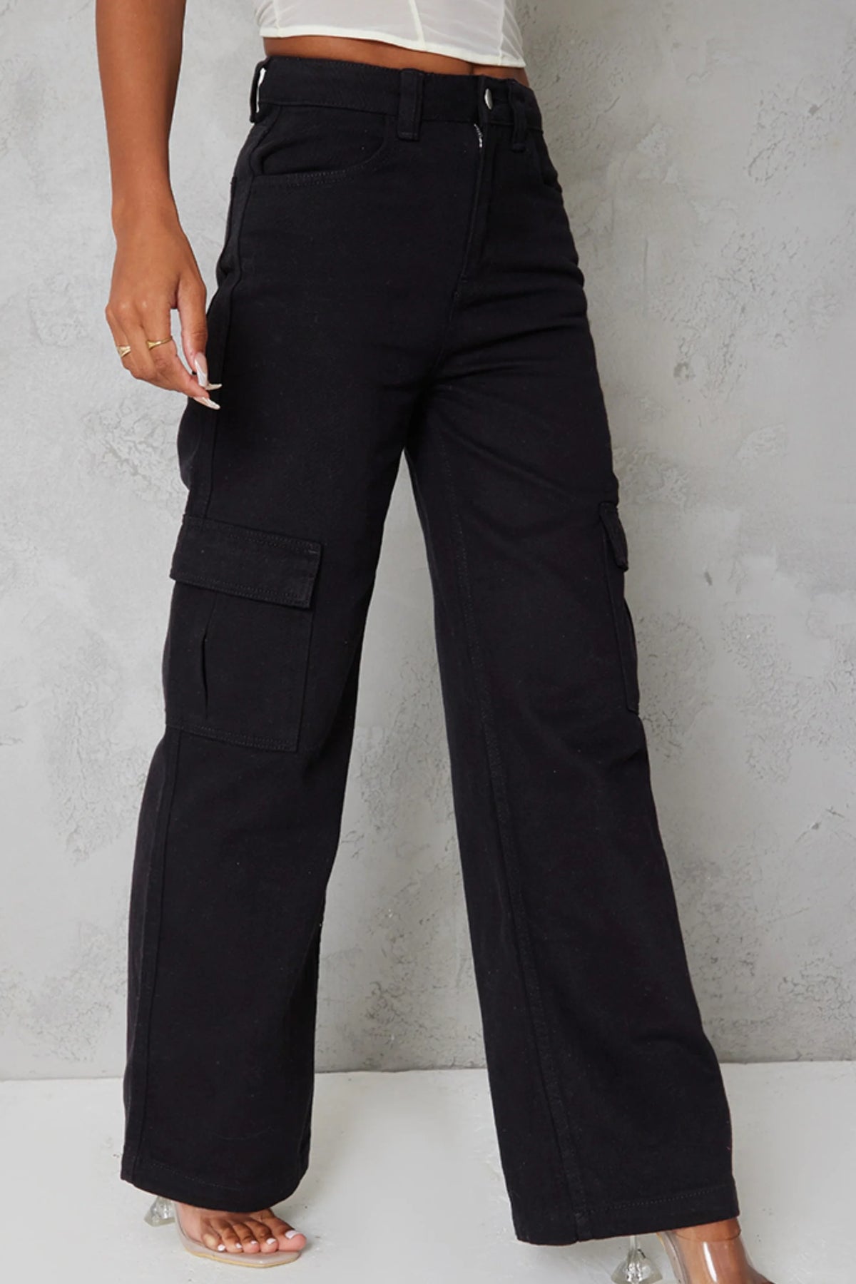 PURE BLACK WIDE LEG CARGO JEANS