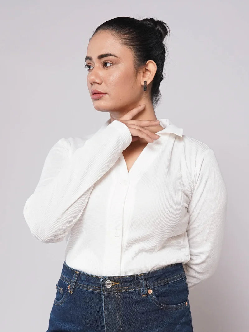 Button Up Ribbed Knit Shirt - White (Full Sleeves)