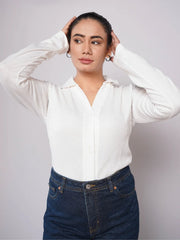 Button Up Ribbed Knit Shirt - White (Full Sleeves)